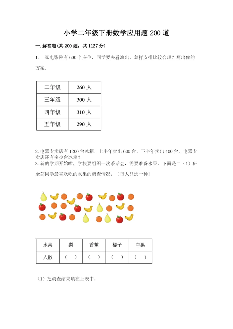 小学二年级下册数学应用题200道精品【达标题】.docx