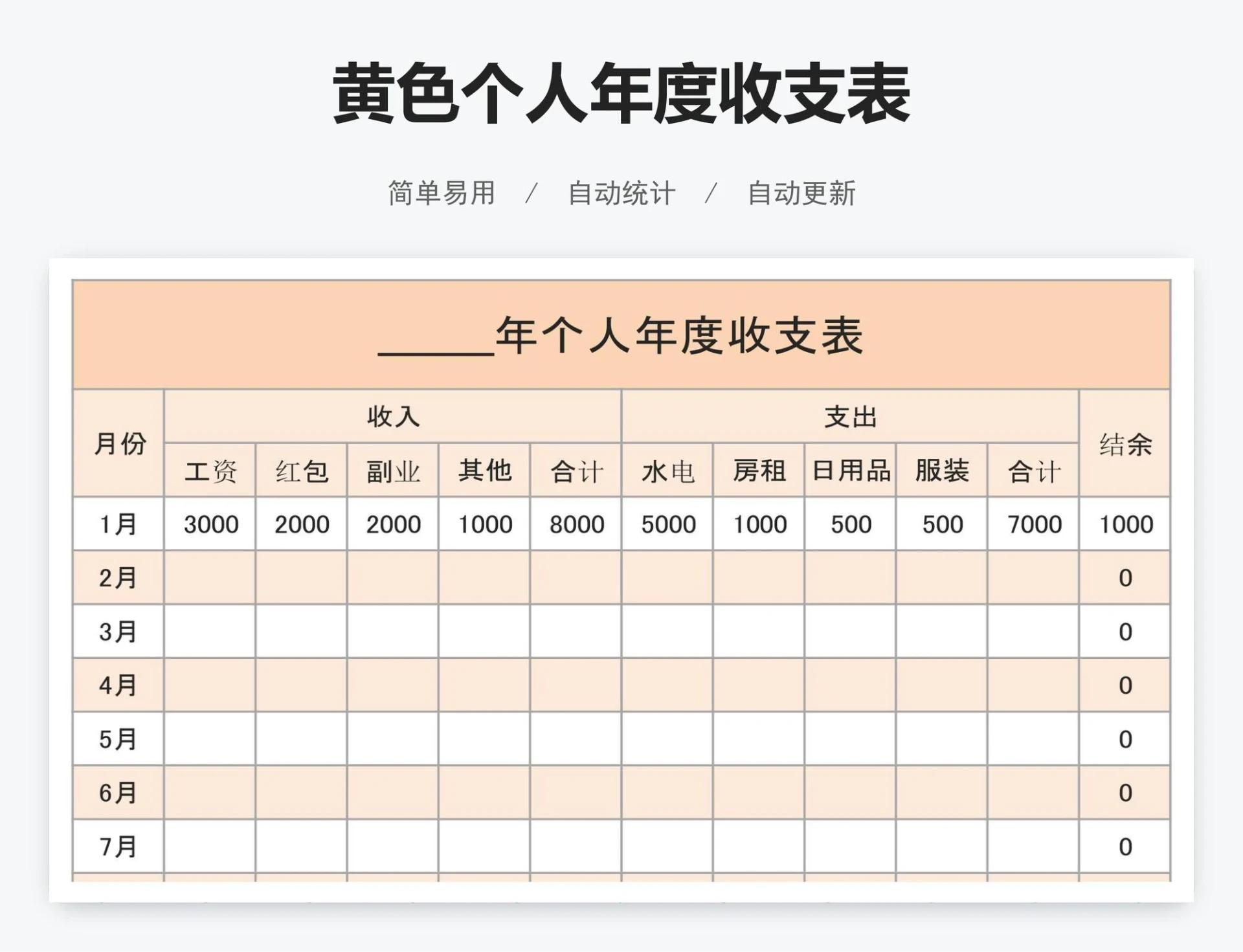 黄色个人年度收支表