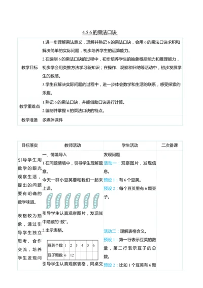 （大单元整体教学）4.5 6的乘法口诀（表格式）教学设计  人教版 二年级上册数学