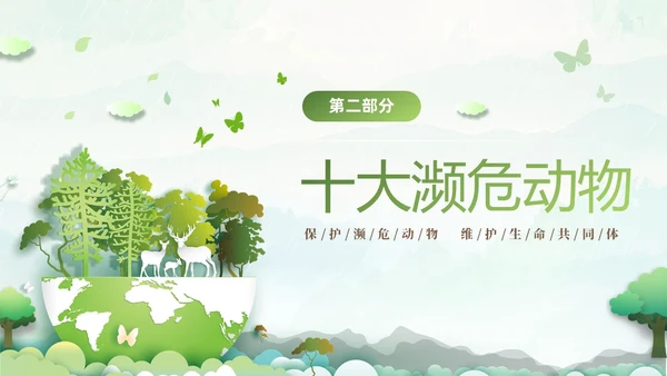 绿色清新剪纸风保护濒危动物拯救美好生命主题PPT世界动物日