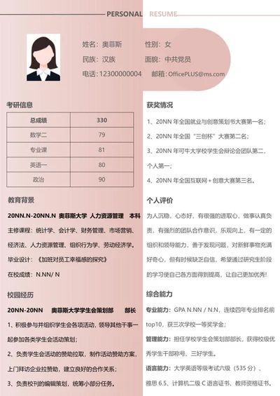 人力资源研究生简历word模板