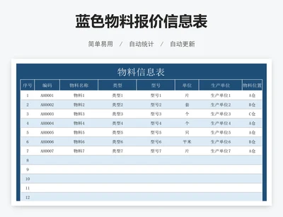 蓝色物料报价信息表