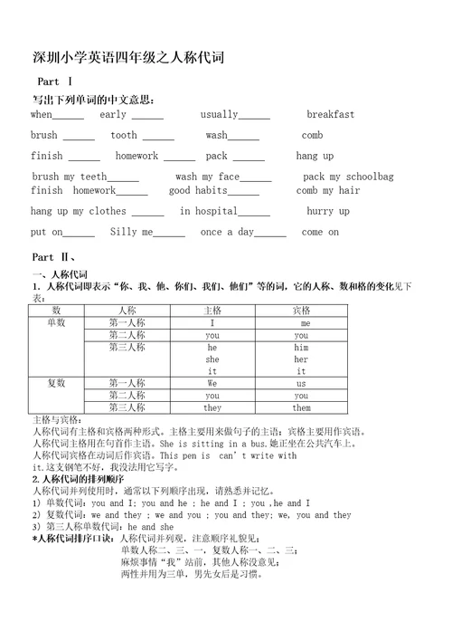 小学英语四年级人称代词讲义