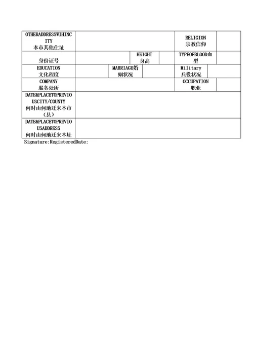 户口本英文翻译