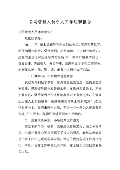 公司管理人员个人工作述职报告