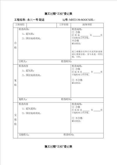 隧道综合施工三检表