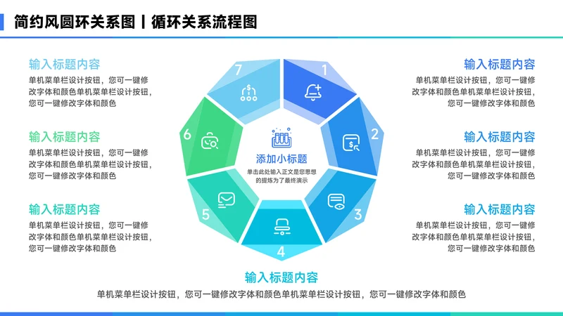 蓝色简约风7项圆环关系图PPT