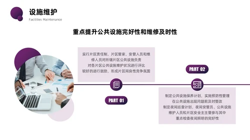紫色圆圈简约商务风物业管理品质提升PPT模板员工培训