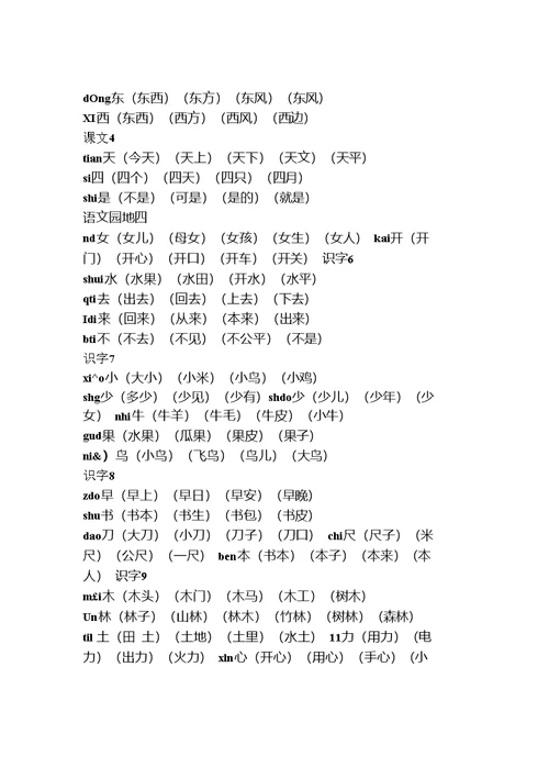 部编版一年级语文上册写字表生字组词