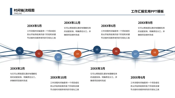 蓝红色简约时间轴流程图PPT模板