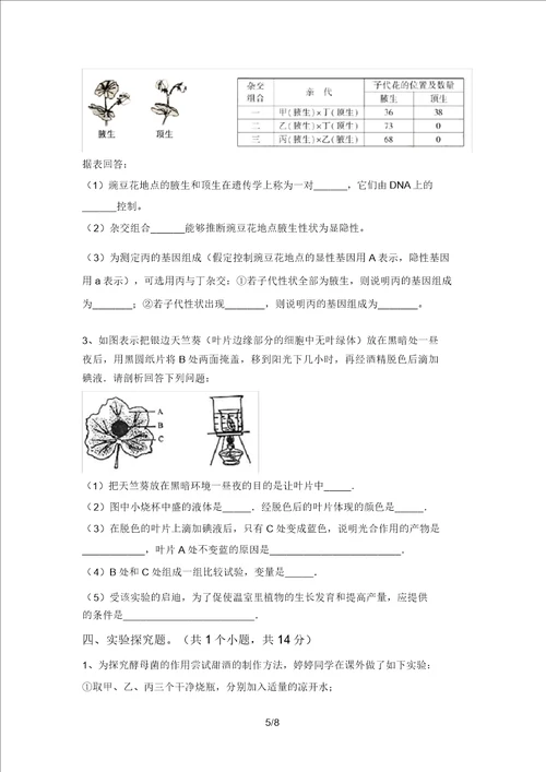 2021年九年级生物上册期末考试卷通用20220208143102