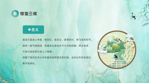 绿色鎏金风中国二十四节气之一惊蛰节气介绍PPT