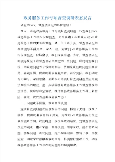 政务服务工作专项督查调研表态发言