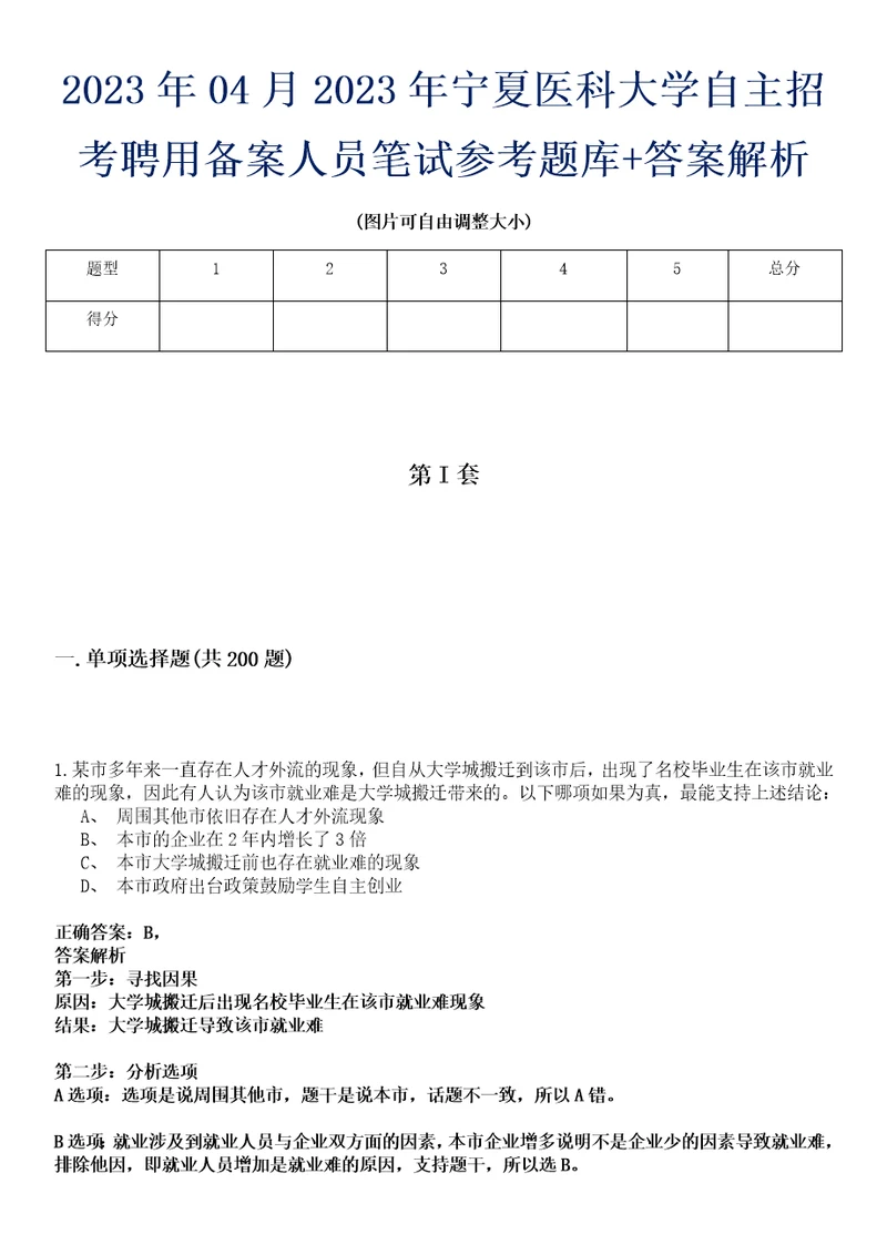 2023年04月2023年宁夏医科大学自主招考聘用备案人员笔试参考题库答案解析