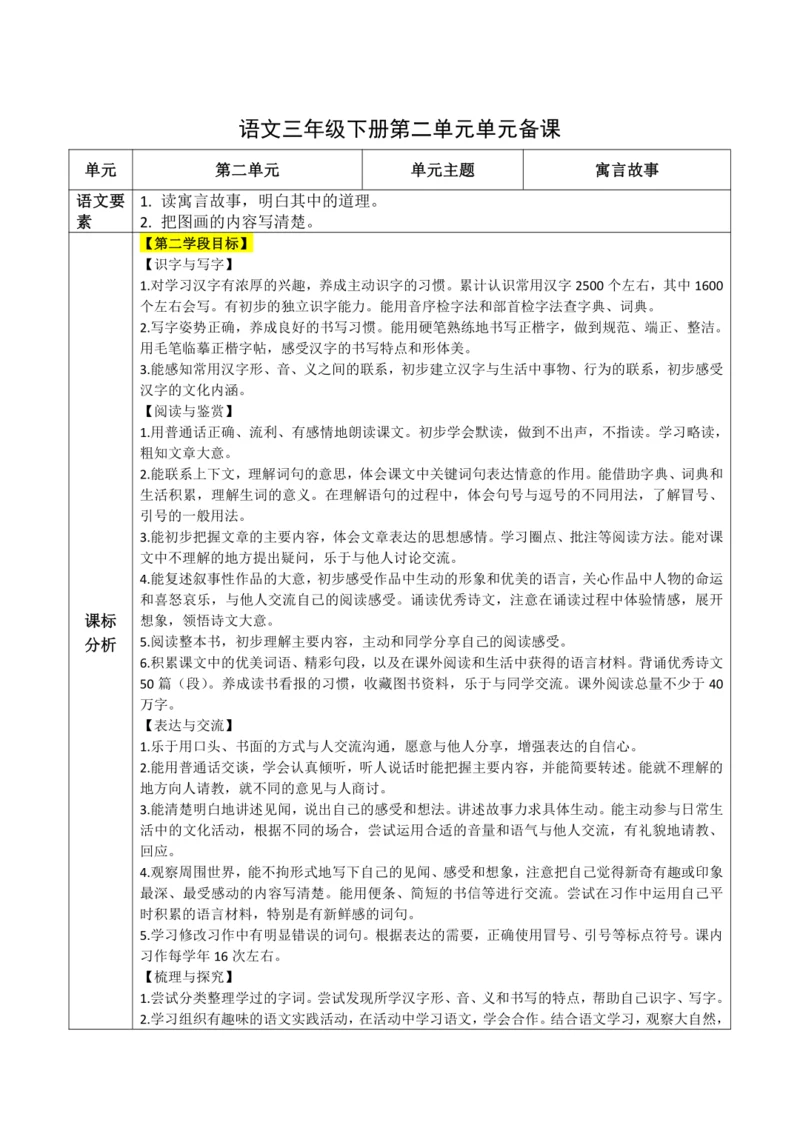 统编版语文三下 第二单元整体备课规划