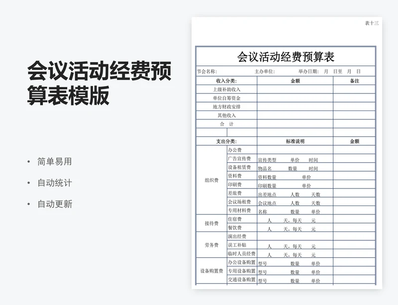 会议活动经费预算表模版