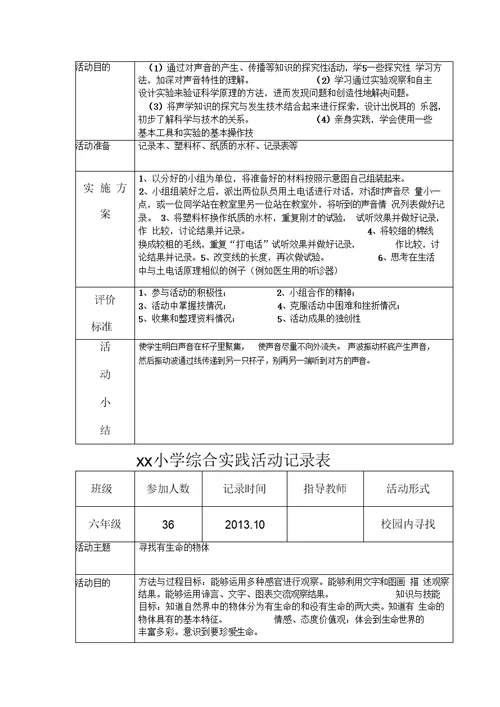 小学综合实践活动记录表