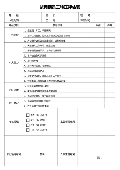 试用期员工转正评估表