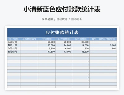 小清新蓝色应付账款统计表