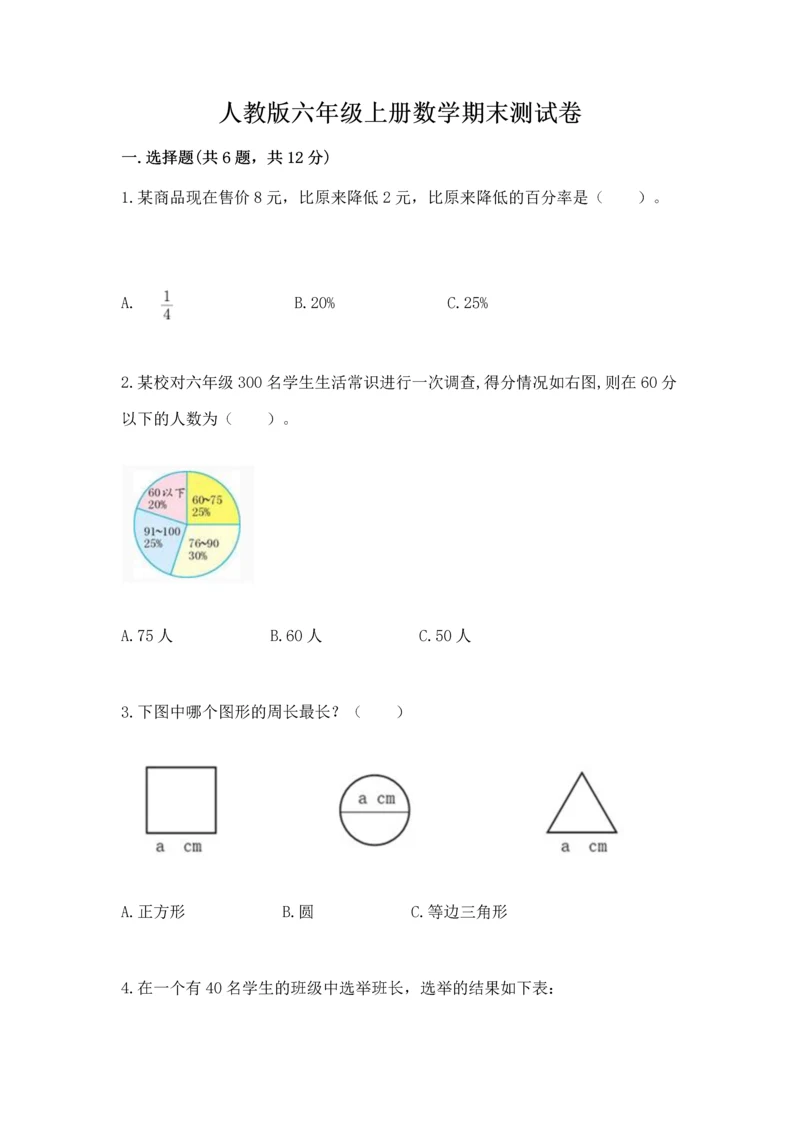 人教版六年级上册数学期末测试卷精品【名师系列】.docx