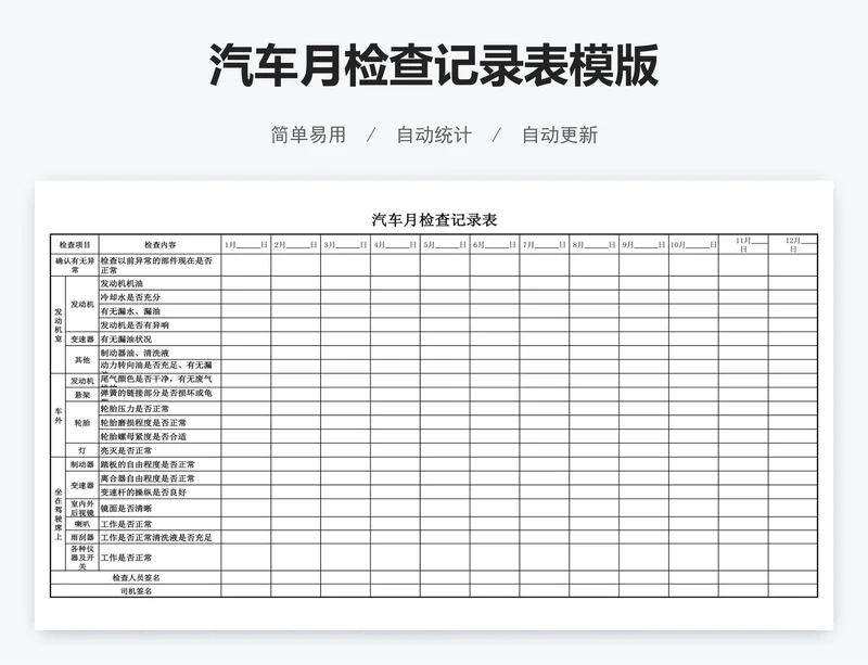 汽车月检查记录表模版