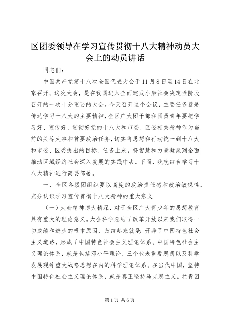 区团委领导在学习宣传贯彻十八大精神动员大会上的动员讲话.docx