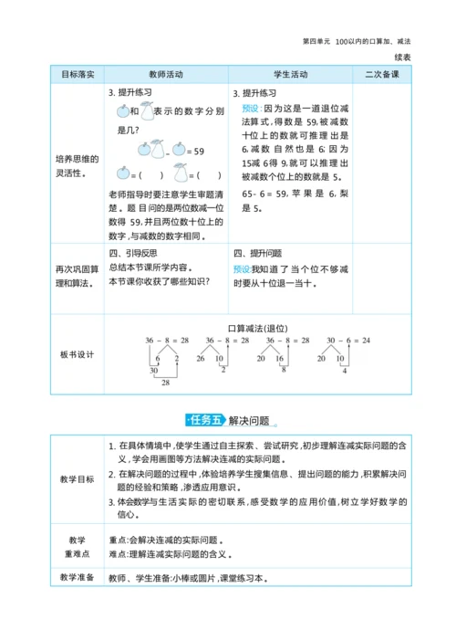 第四单元 100以内的口算加、减法（大单元教学设计）-2024-2025学年一年级下册数学人教版（2