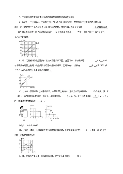 云南专版2019届中考物理题型复习一选择填空重难题