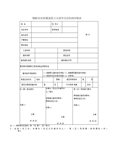 铜陵市农村籍退役士兵老年生活补助审批表