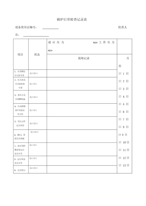 锅炉日常检查记录表