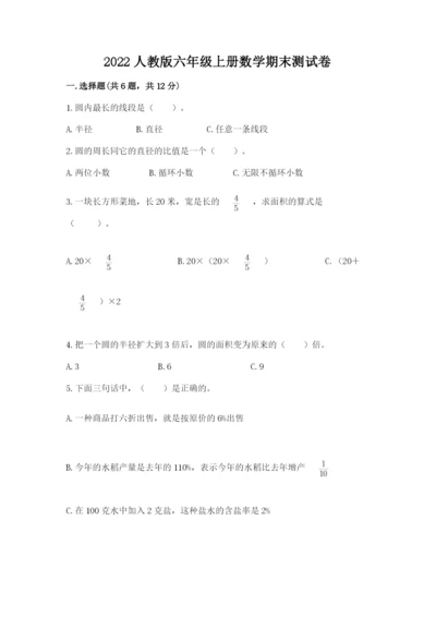 2022人教版六年级上册数学期末测试卷附答案（模拟题）.docx
