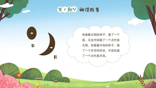 绿色清新卡通儿童中国古代神话故事仓颉造字故事解说PPTz