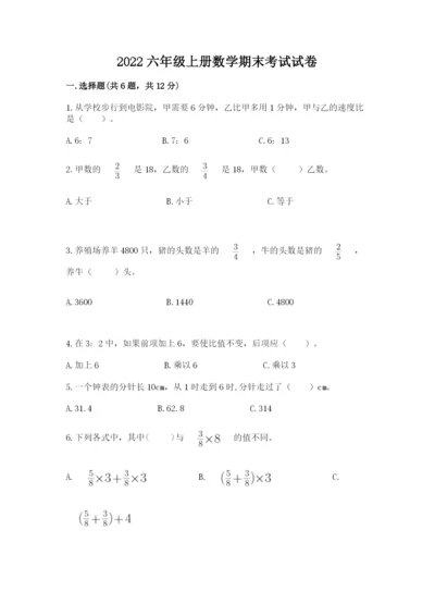 2022六年级上册数学期末考试试卷及参考答案ab卷.docx