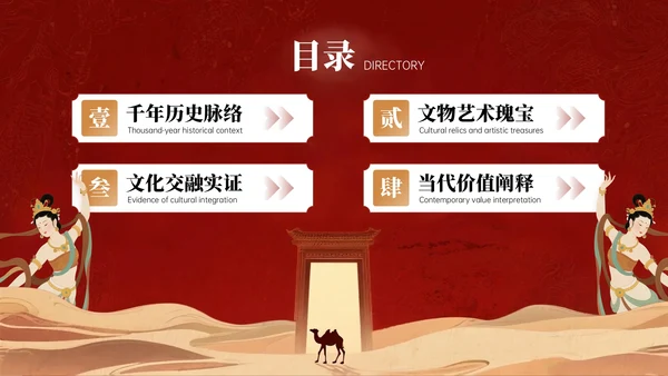复古红黄色中国风关于敦煌博物馆文化介绍PPT模板