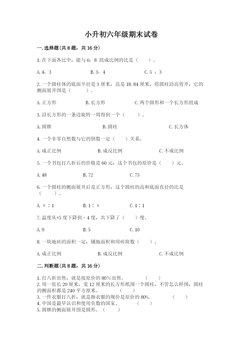 小升初六年级期末试卷（典型题）.docx