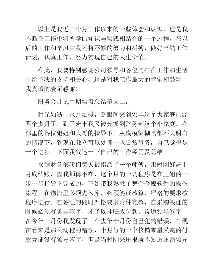 财务会计试用期实习总结范文