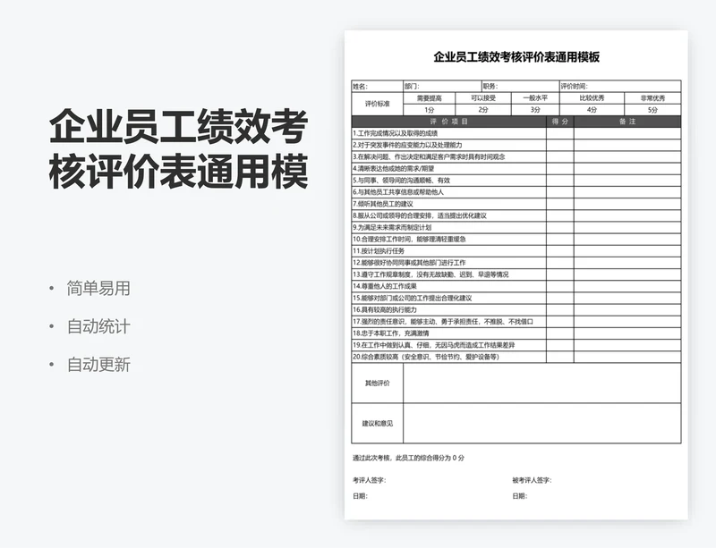 企业员工绩效考核评价表通用模板