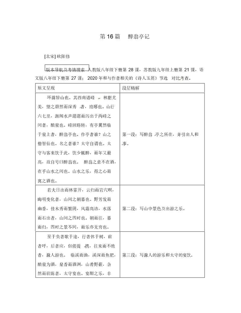 河南省2020中考语文第一部分古代诗文阅读专题一文言文阅读第16篇醉翁亭记