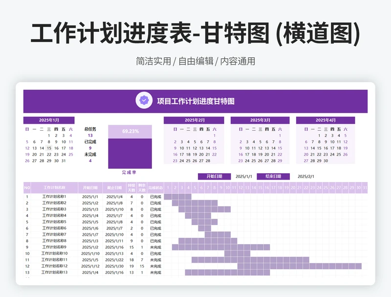 工作计划进度表-甘特图 (横道图)