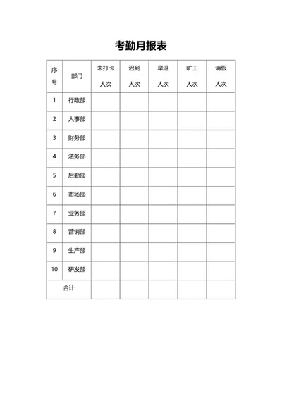 员工考勤月报表word模板