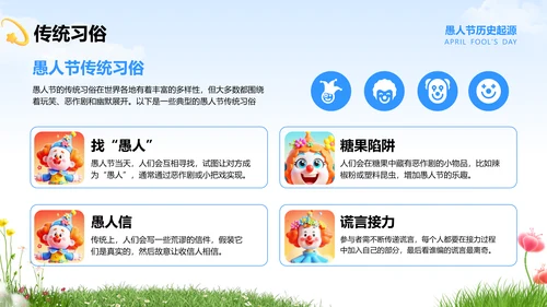 蓝色卡通风愚人节的由来与介绍PPT模板