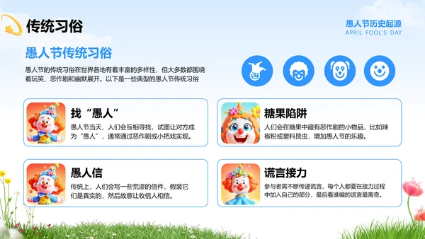 蓝色卡通风愚人节的由来与介绍PPT模板