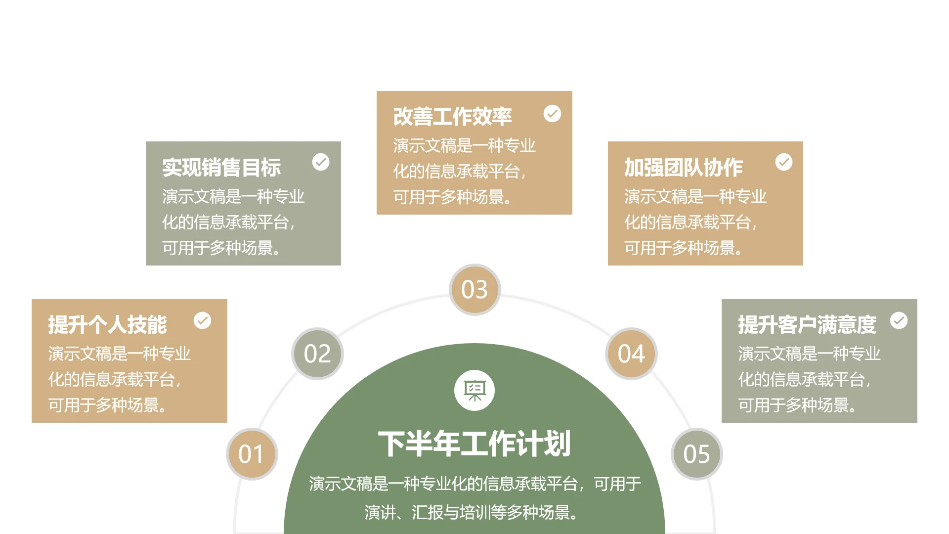 单页五项半年工作计划关系图PPT模板