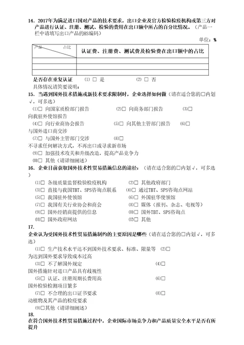 国外技术性贸易措施对出口影响问卷调查表