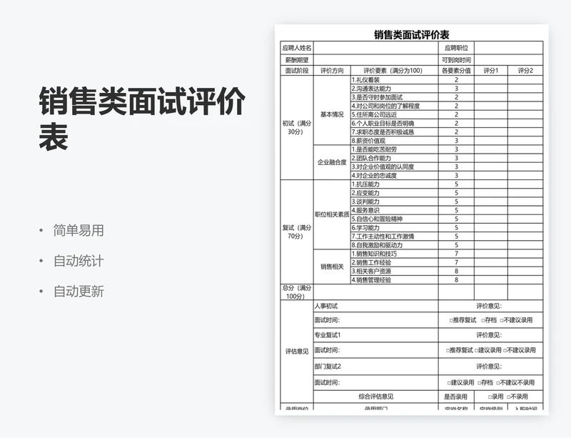 销售类面试评价表