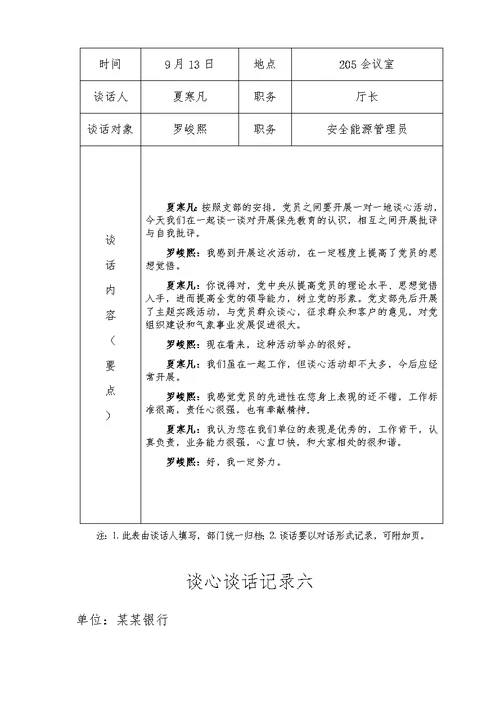 谈心谈话登记表范文模板