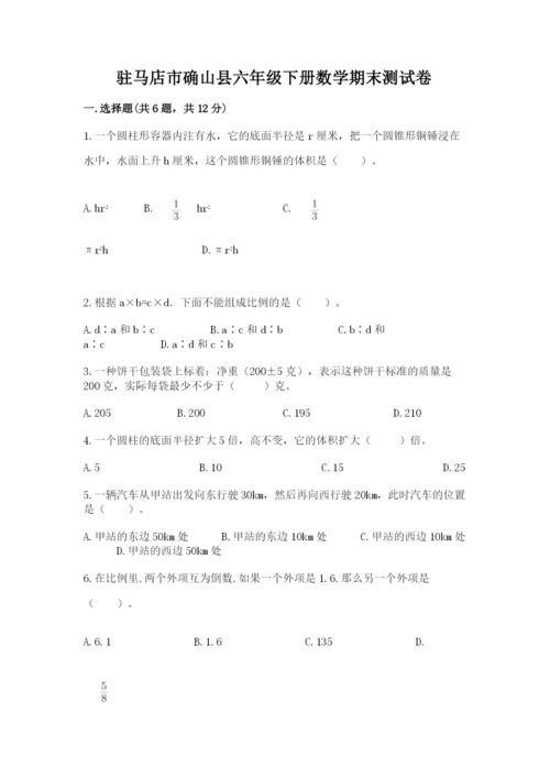 驻马店市确山县六年级下册数学期末测试卷及参考答案一套.docx