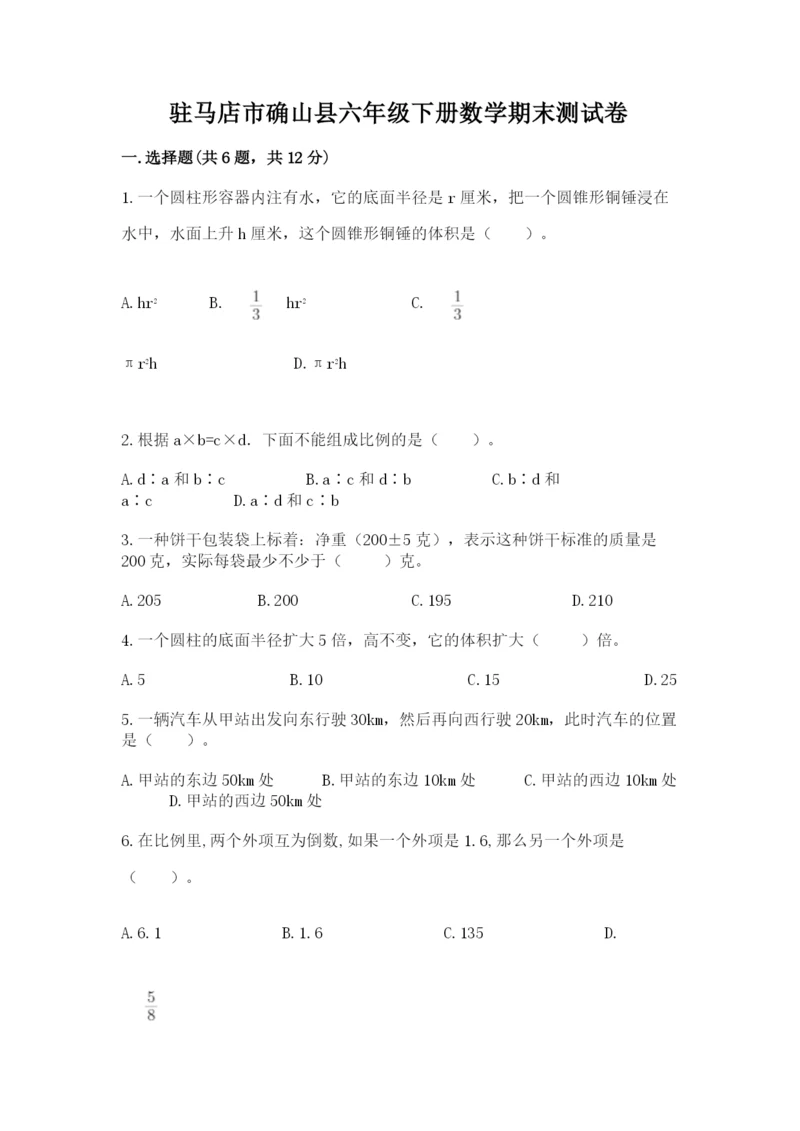 驻马店市确山县六年级下册数学期末测试卷及参考答案一套.docx