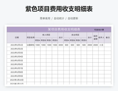 紫色项目费用收支明细表