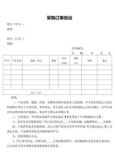 采购订单协议模板